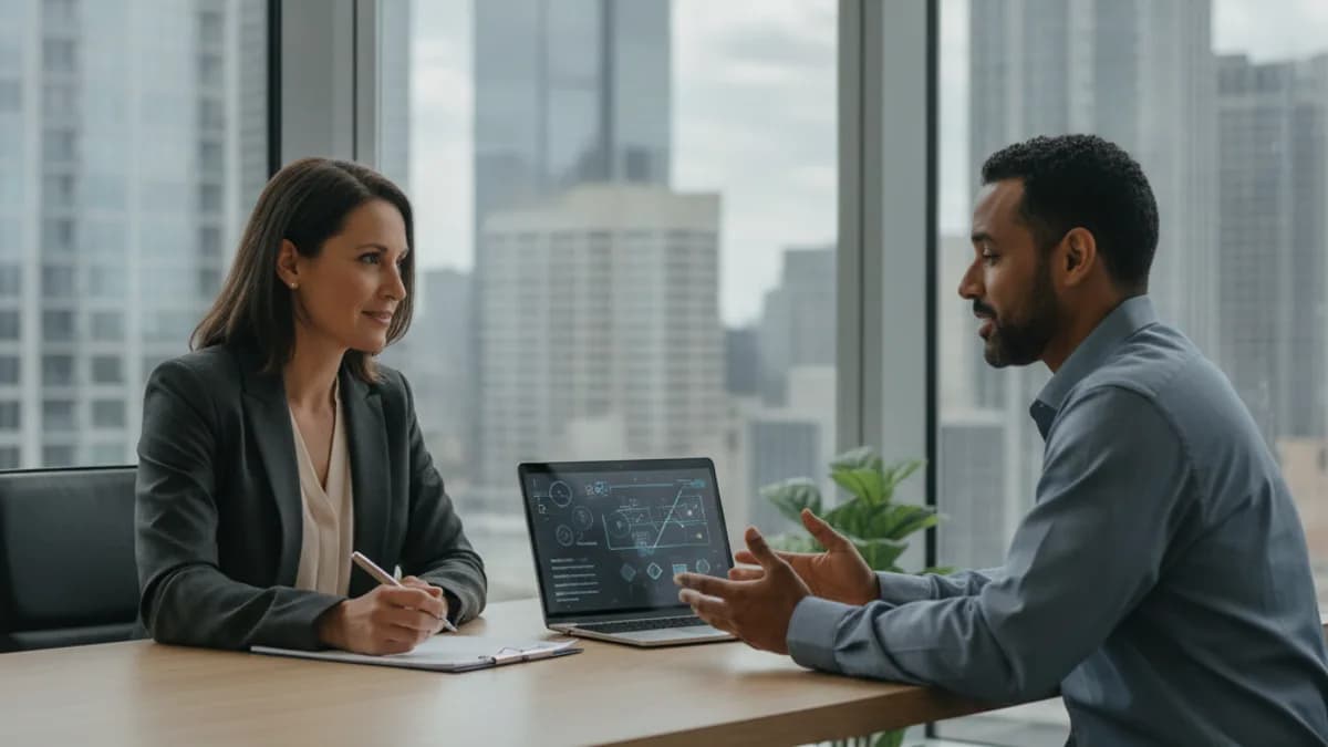 A diverse female attorney listens intently to a male client in a modern, sunlit office, taking notes on a legal pad.