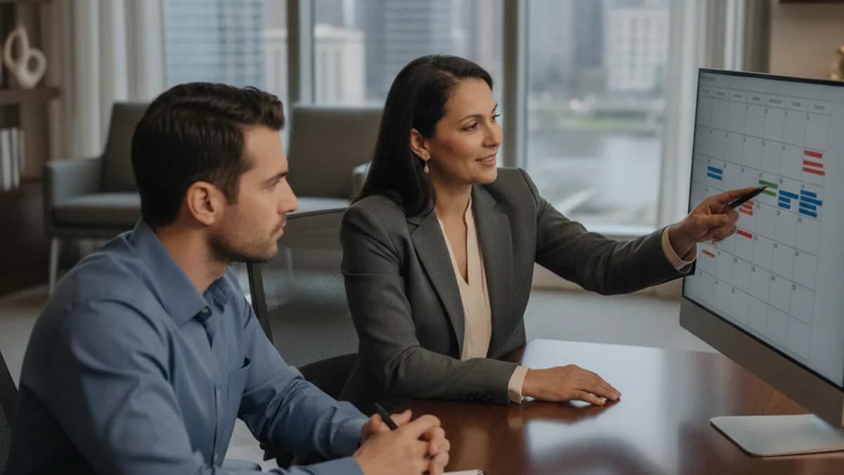An attorney explains a legal deadline to a diverse couple in a modern office.