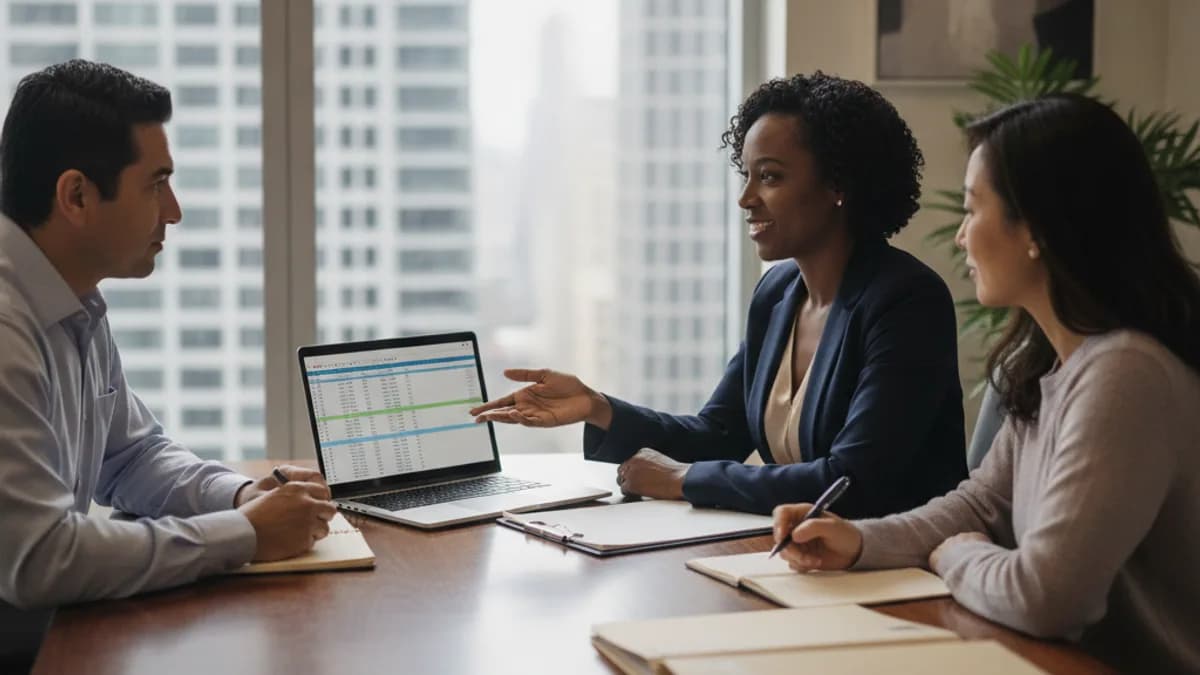Diverse couple consults with a professional tax attorney in a bright, modern office, reviewing documents.