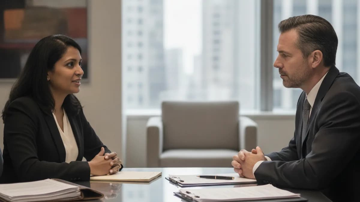 Una clienta diversa se reúne con un abogado en una oficina moderna, discutiendo su caso con expresiones serias y esperanzadoras.