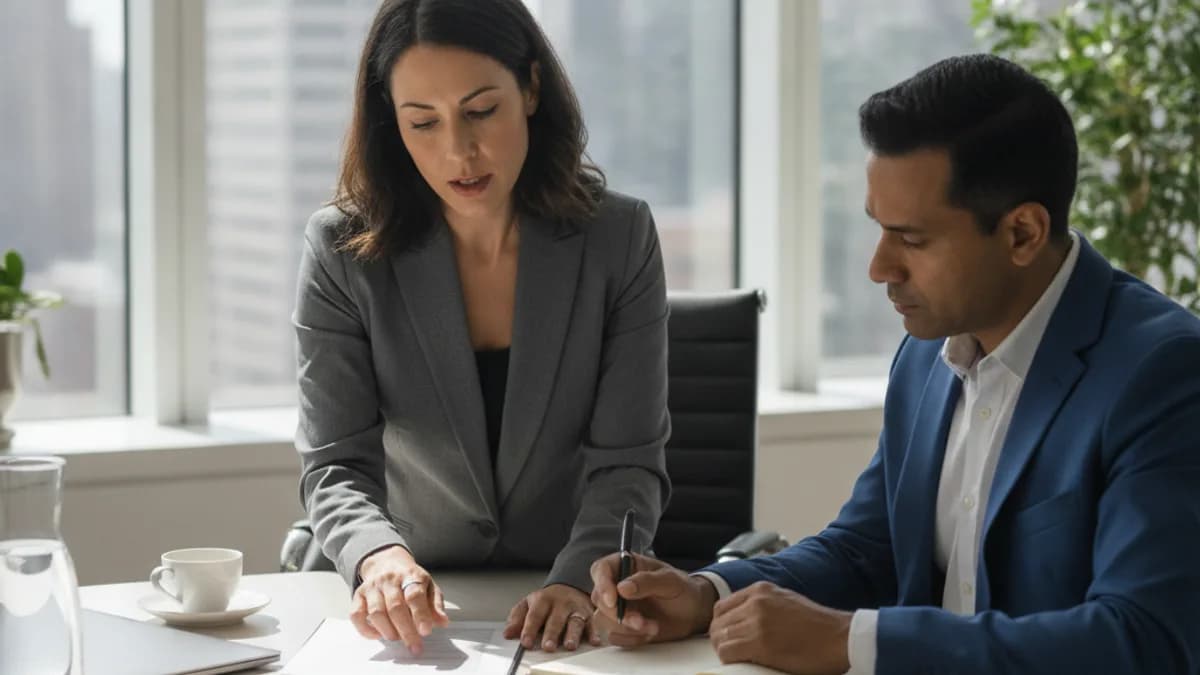 Attorney and client review documents in a modern office, preparing for a deposition.