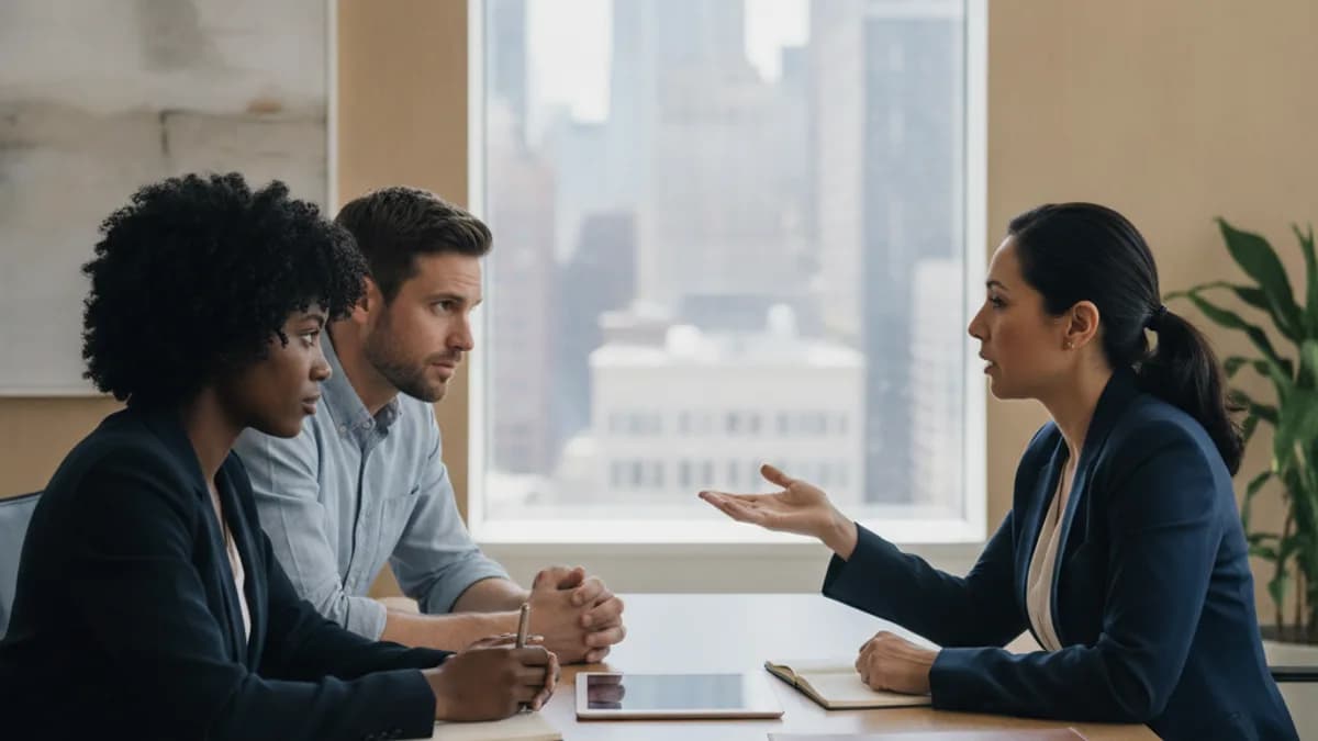 Diverse couple discusses parenting plan with a Latina attorney in a modern, bright office.
