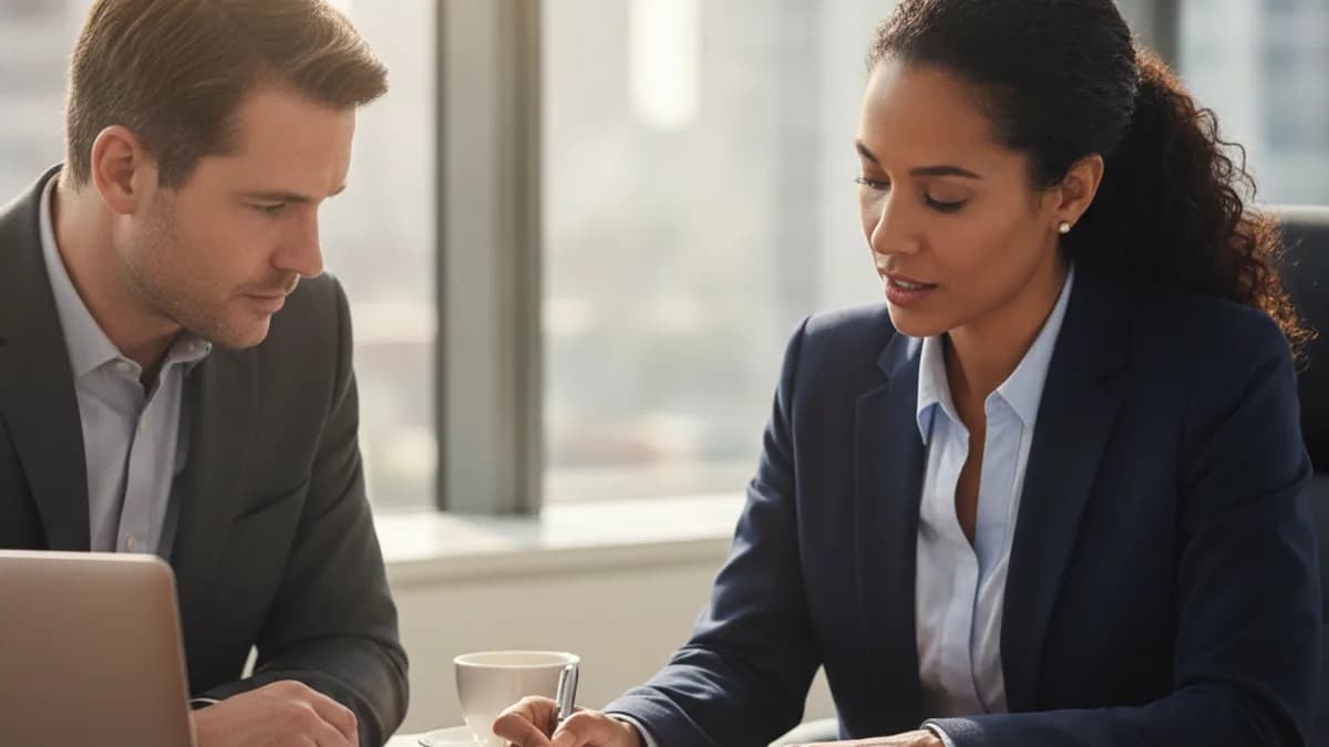 An attorney and her client review confidential documents at a modern conference table in a sunlit office.
