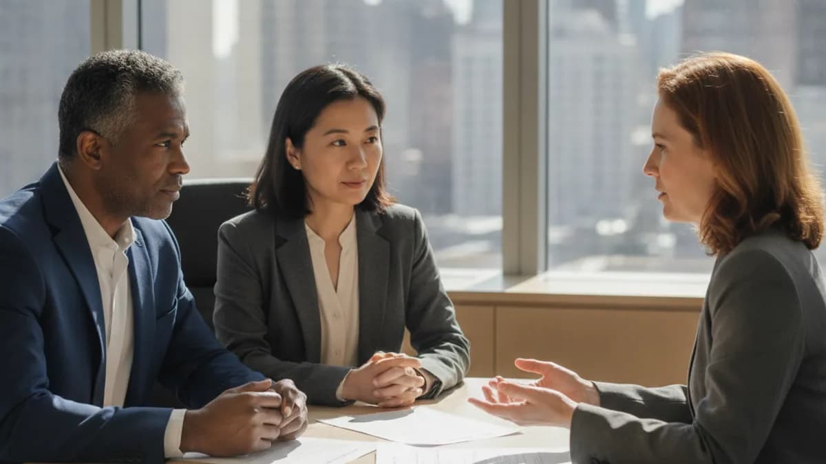 A diverse couple and a female mediator discuss documents at a conference table in a modern, sunlit office.