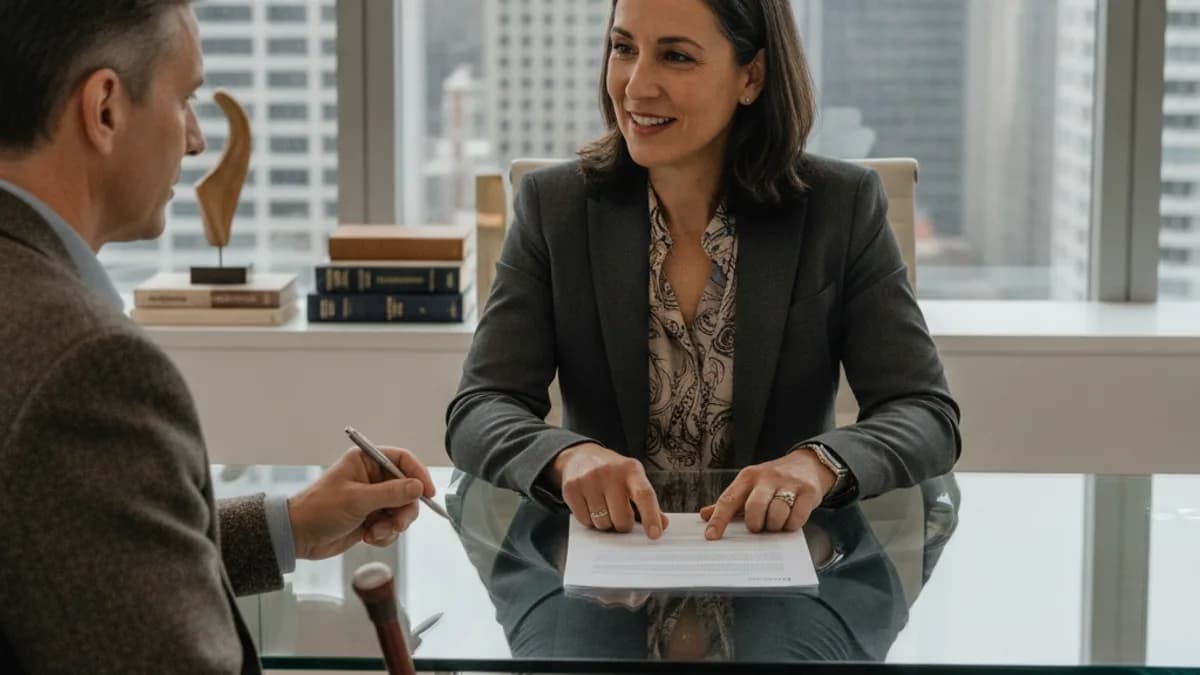 Attorney and client discussing documents in a modern, well-lit office, preparing for a Social Security disability hearing.