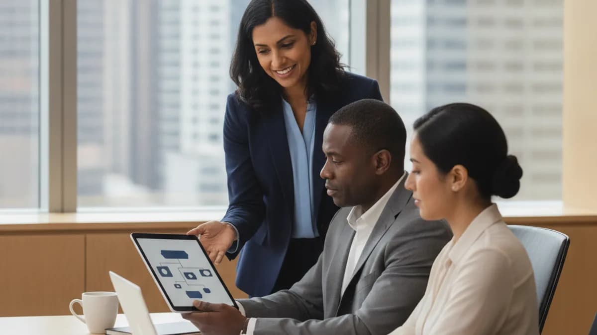 Attorney explains a contract to a client and paralegal in a modern office, discussing intellectual property.
