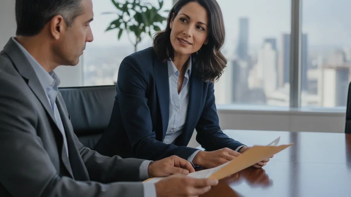 Abogada escucha atentamente a un cliente masculino discutiendo su caso en una oficina moderna y luminosa.