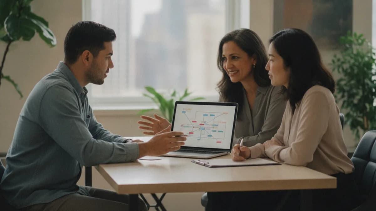 An immigration attorney explains green card options to a diverse couple in a modern, well-lit office.