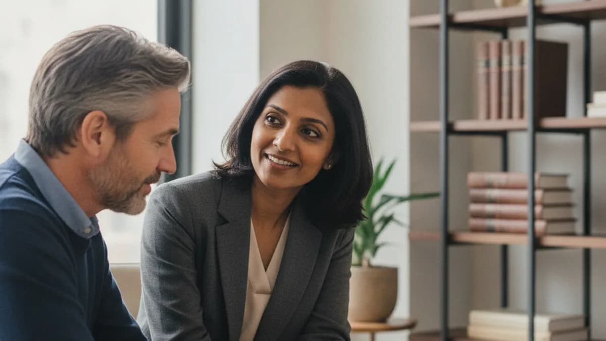 A diverse female attorney explains legal options to a male client in a modern office, offering reassurance.
