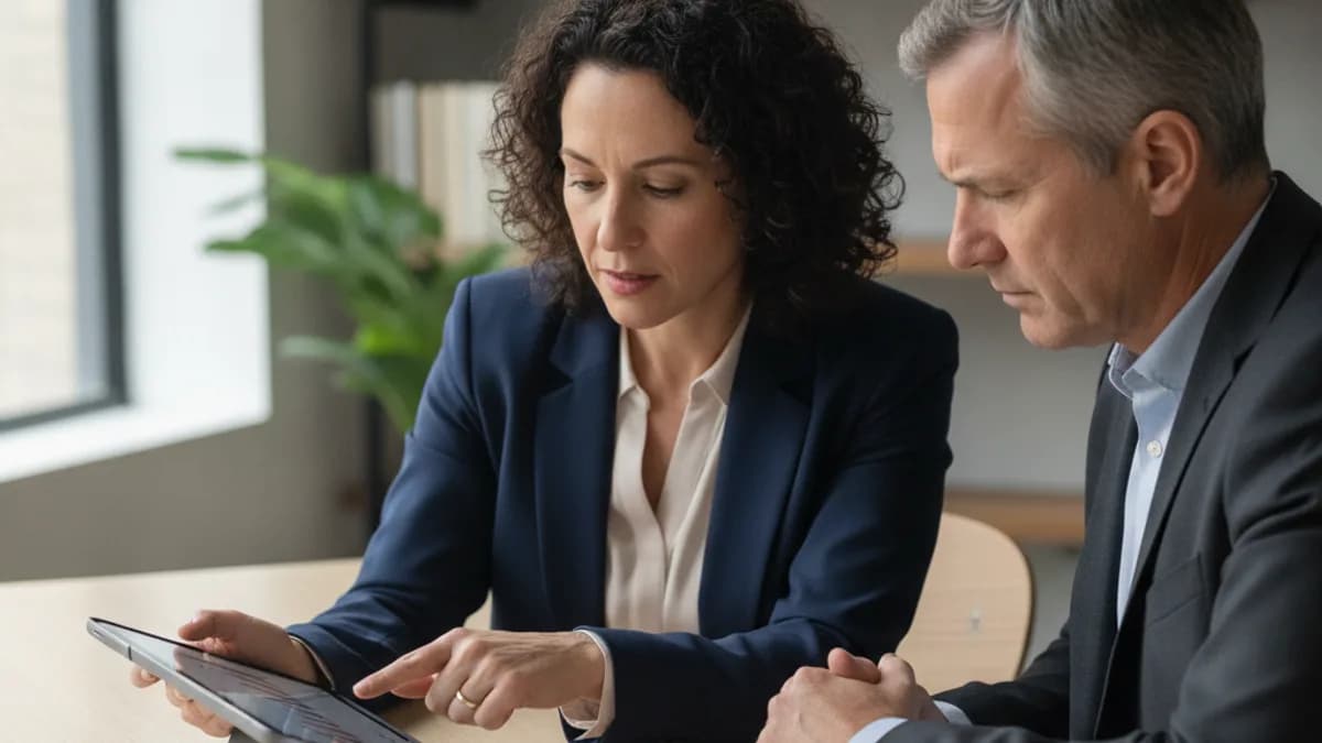 A diverse attorney and client reviewing financial documents in a modern office, discussing bankruptcy options.