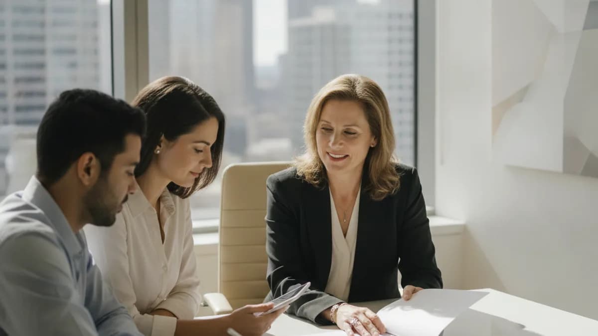 An attorney explains a business contract to a diverse couple in a bright, modern office setting.