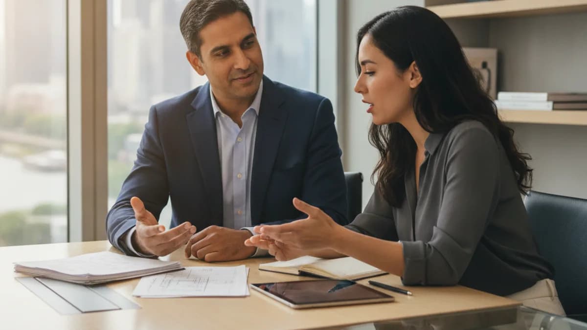 IP attorney consults with a client about intellectual property enforcement in a modern office.
