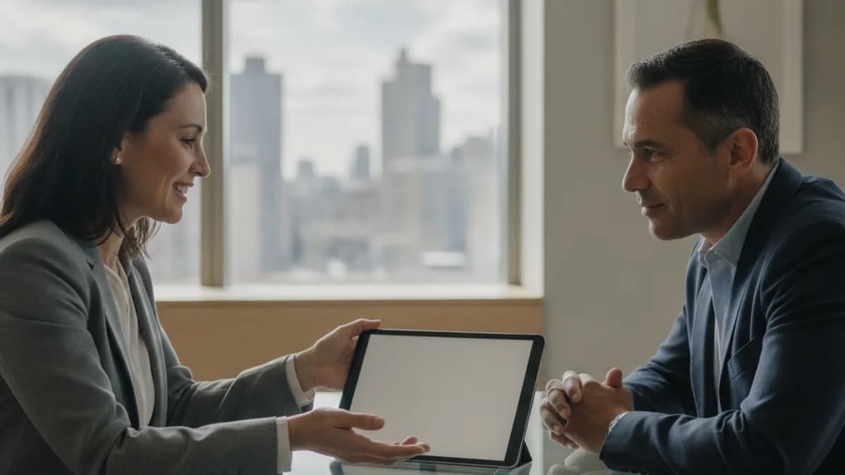Attorney explains a repayment plan on a tablet to a client in a modern office, emphasizing clear communication and professional guidance.
