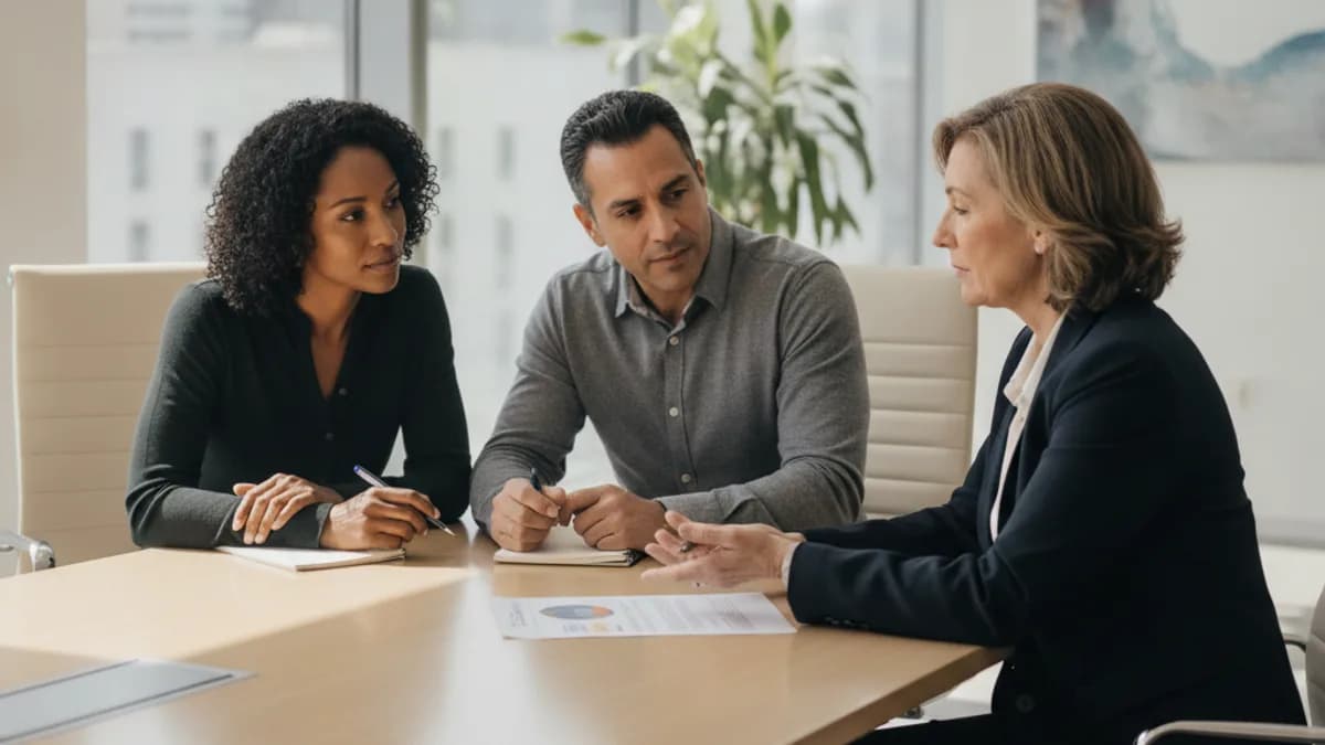 An attorney explains legal documents and Chapter 7 bankruptcy options to a diverse couple in a bright, modern office.