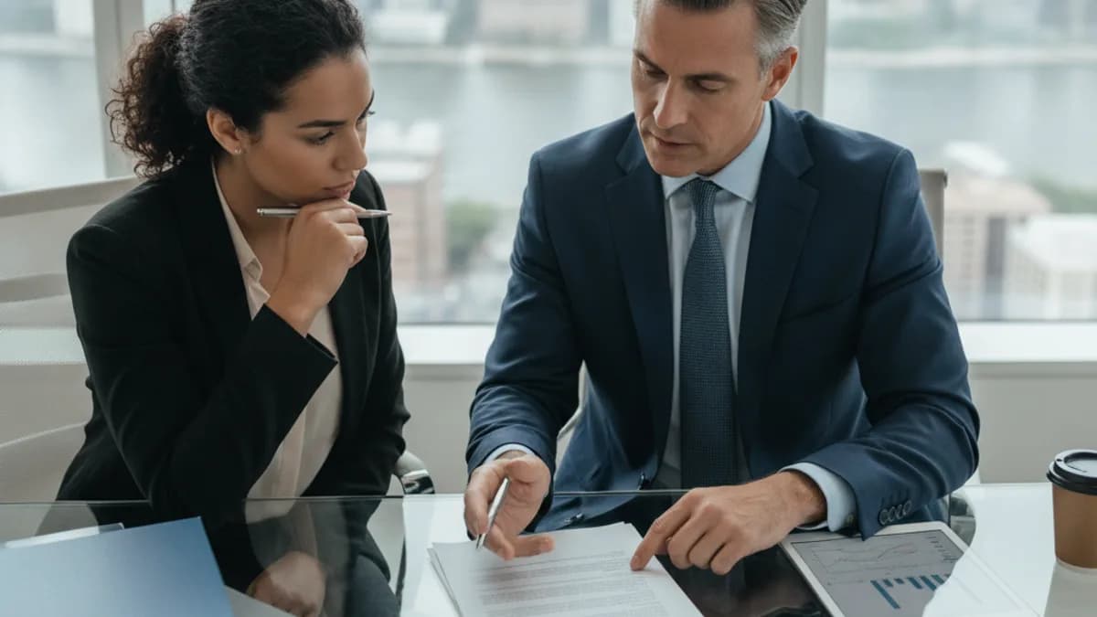 Attorney and client review legal documents in a modern office, discussing the discovery process.