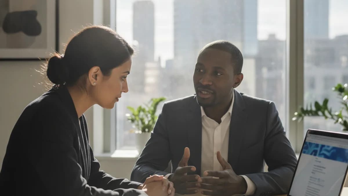 Diverse attorney listens empathetically to a male client across a conference table in a modern office.