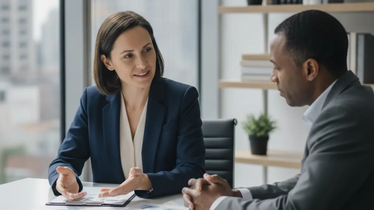 A diverse attorney and client discuss documents in a bright, modern office, focused on legal advice.