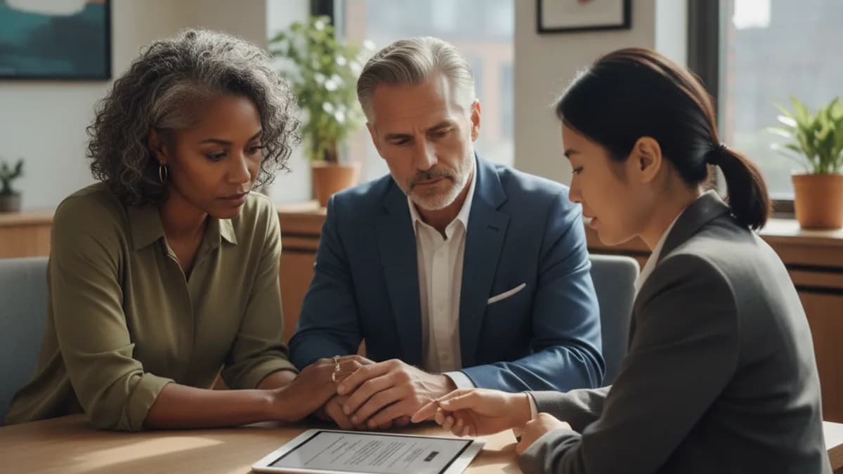 Attorney explains Durable Power of Attorney to a diverse couple in a bright, modern law office.