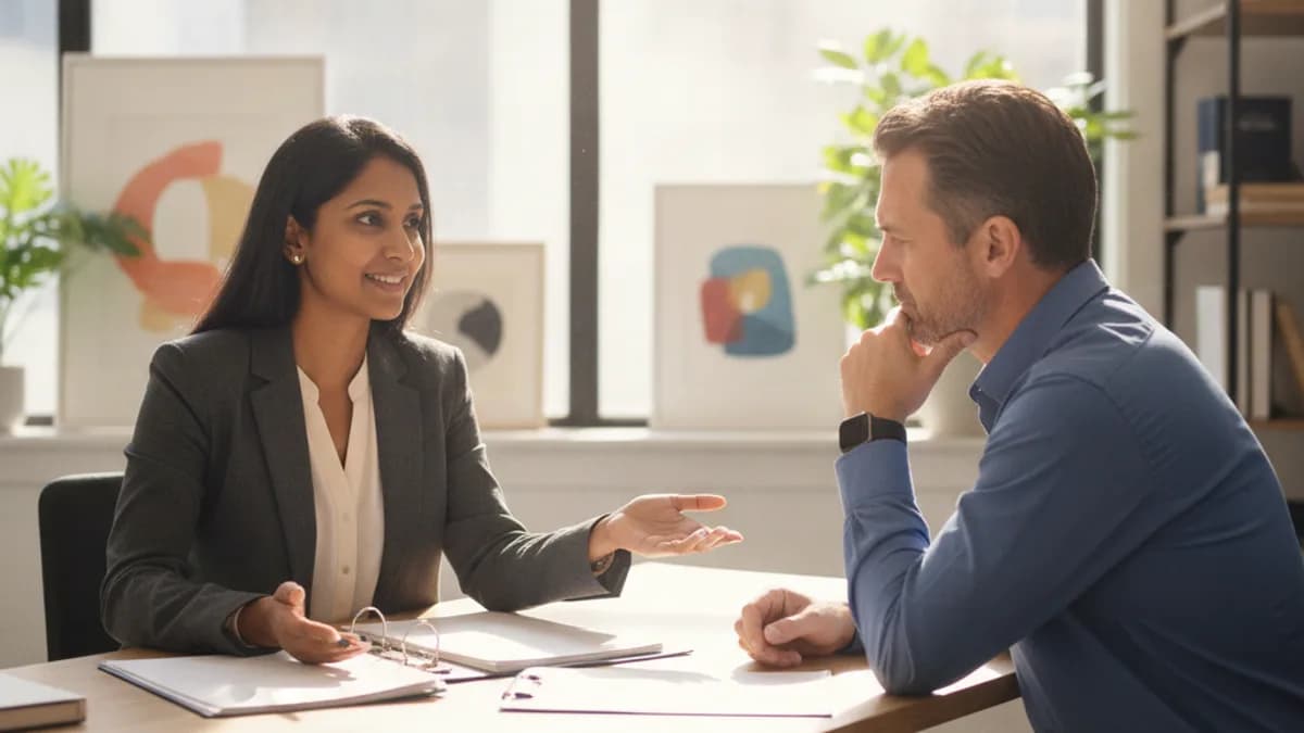 A diverse female attorney explains legal options to a concerned male client in a modern, sunlit office, discussing earnest money.