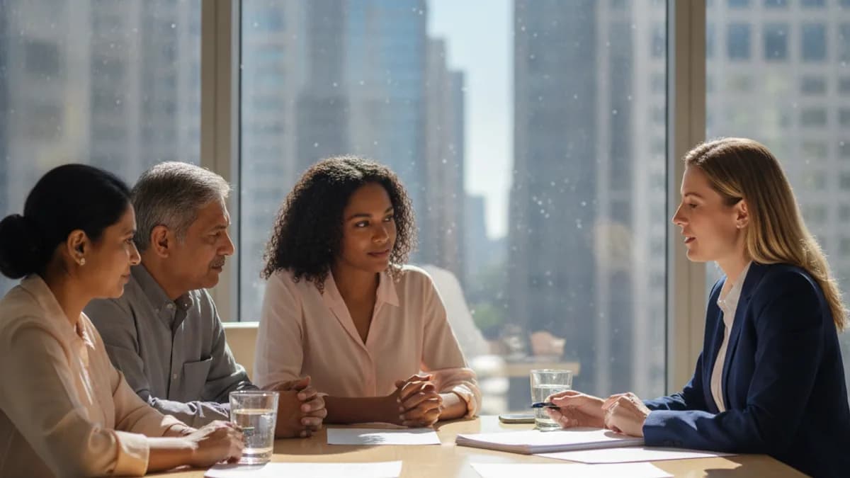 Diverse family consulting with an empathetic attorney in a modern office about estate planning documents.