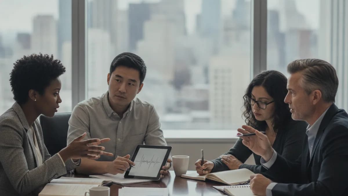 Diverse creators consult an IP attorney about fair use in a modern office.