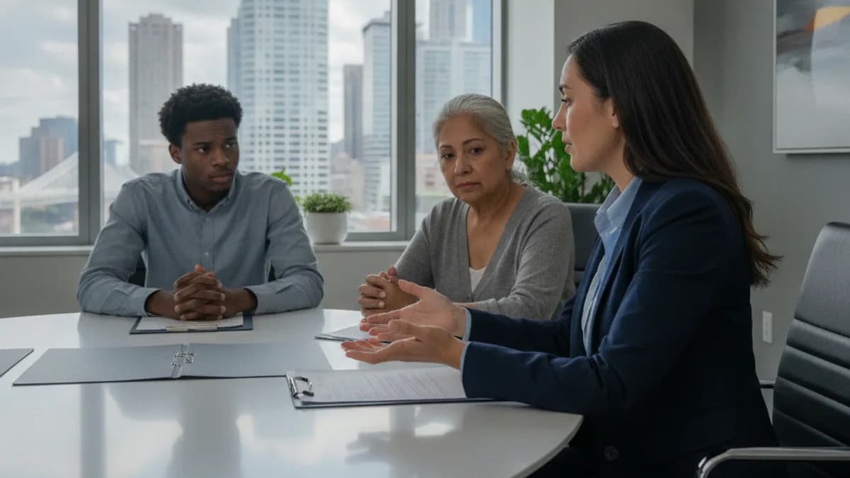 Attorney explains bail options to a client and family in a modern office, reviewing documents together.