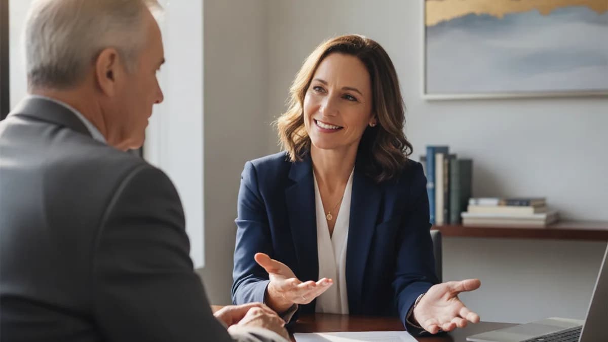 Attorney and client discuss estate documents in a modern office, a laptop screen showing a blurred legal document.