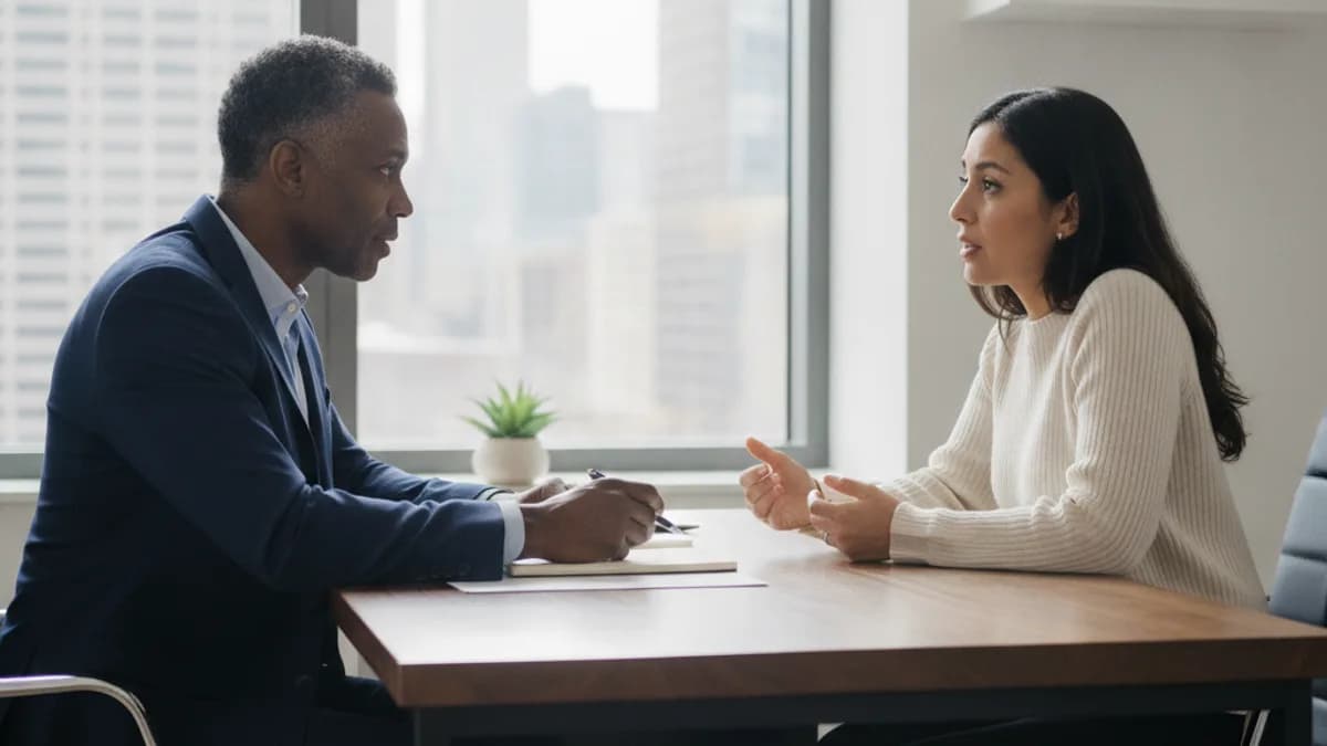 Abogado diverso escuchando atentamente a una clienta en una oficina moderna y soleada durante una consulta de divorcio.