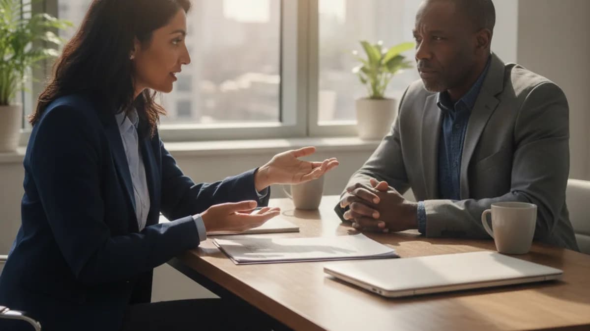A diverse female attorney explains documents to a male client in a modern, sunlit office.