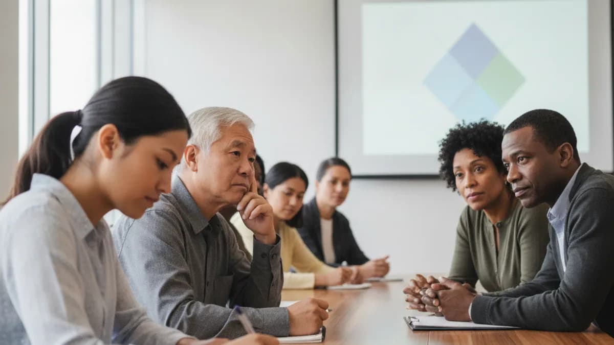 Diverse individuals attend a free legal workshop on small claims court, taking notes and listening attentively.