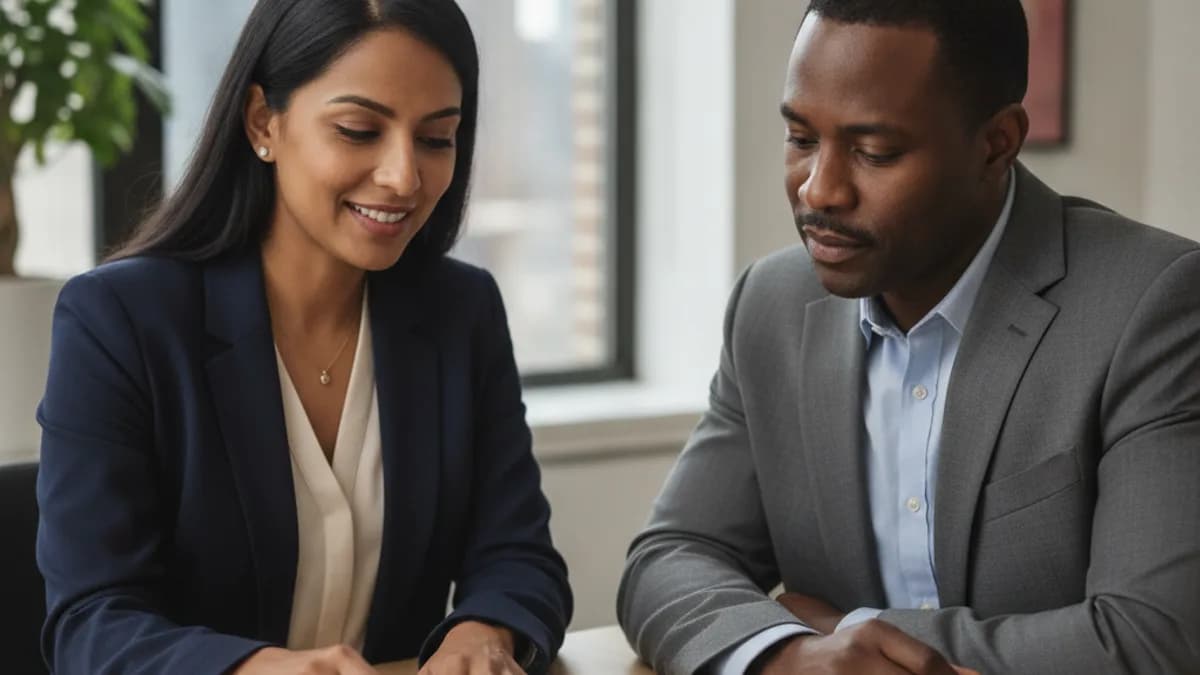 A diverse attorney and client discuss asylum application details in a bright, modern office.