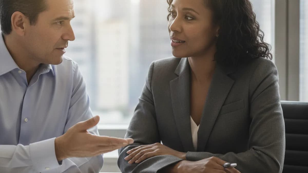 An African American attorney listens empathetically to a Hispanic client in a modern law office, discussing disability application.