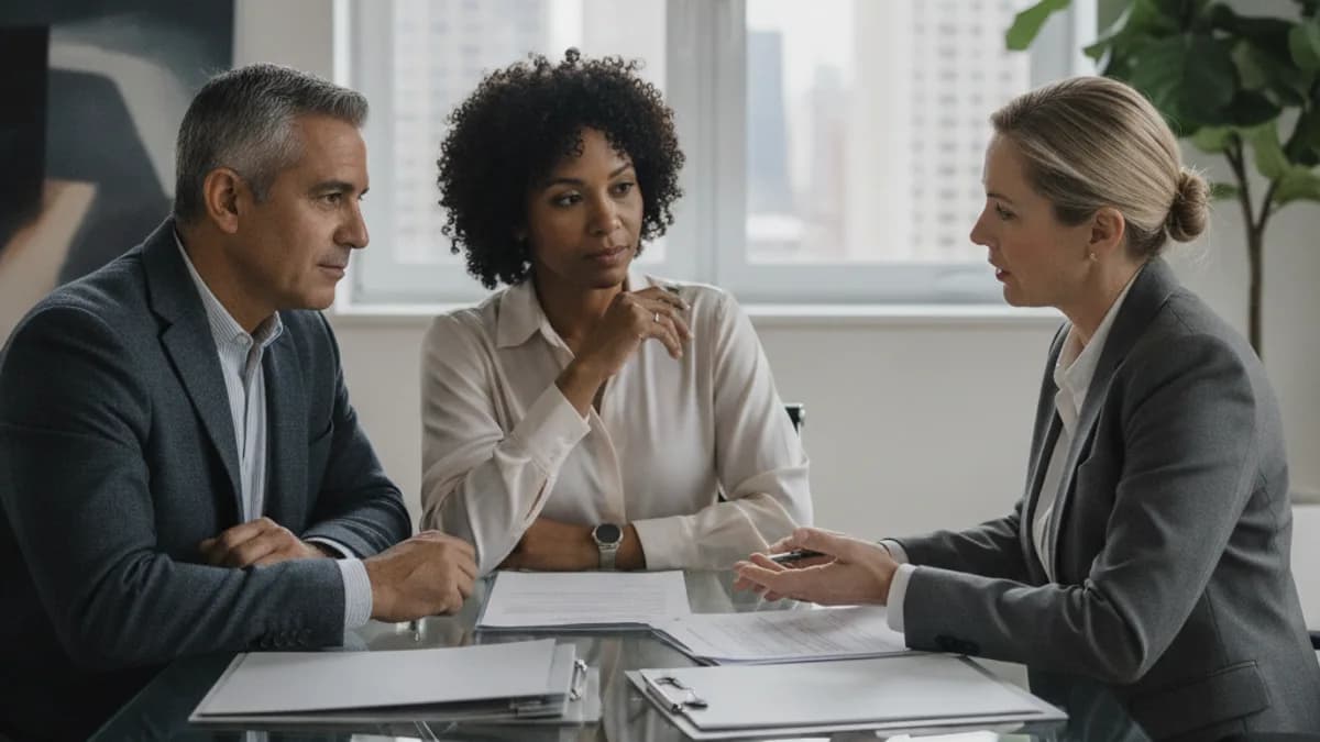A diverse couple, a man and a woman in their 50s, discussing estate planning documents with a female attorney in a bright, modern office.