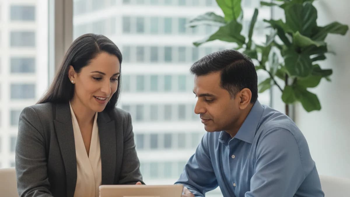 Abogada diversa y cliente en oficina moderna, discutiendo información en una tablet durante una consulta.