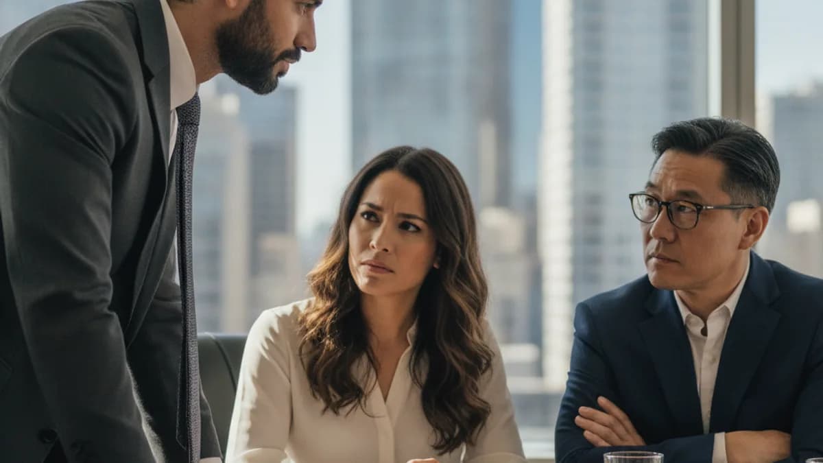 Attorney listens to a diverse couple in a modern office, discussing their legal options.