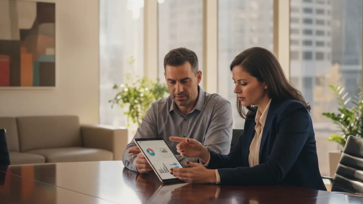 An IP attorney consults with two diverse entrepreneurs at a modern office table, discussing business strategy on a tablet.