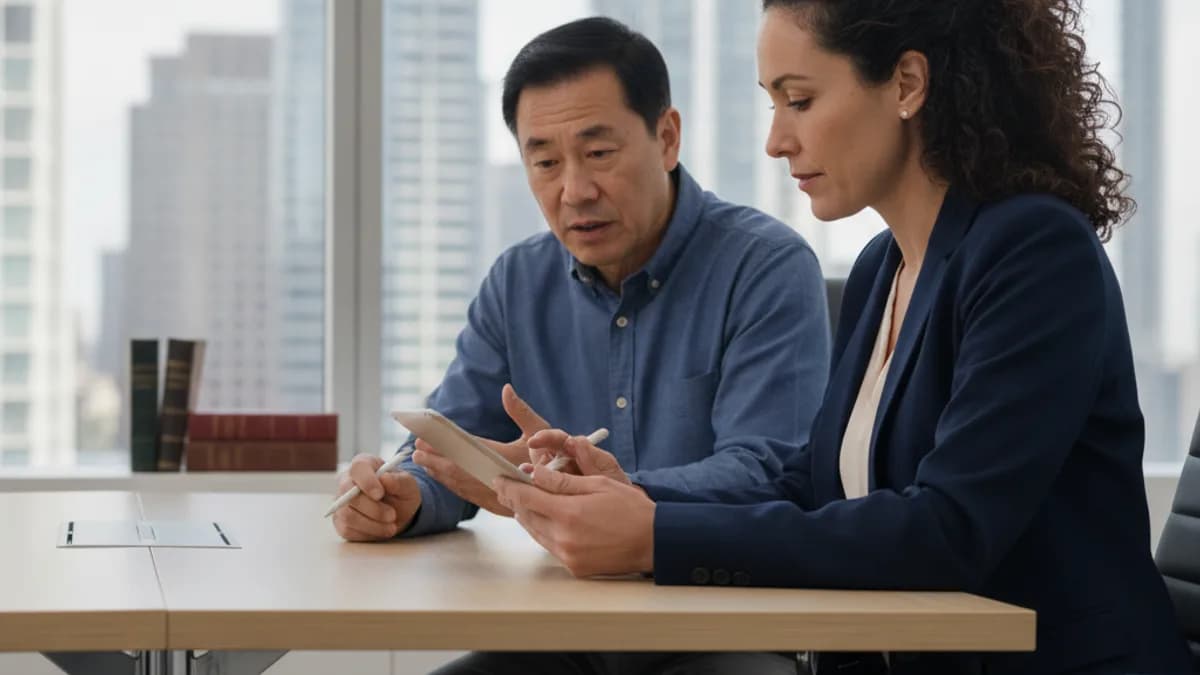 Attorney listens intently to a client discussing a potential breach of contract in a modern law office.