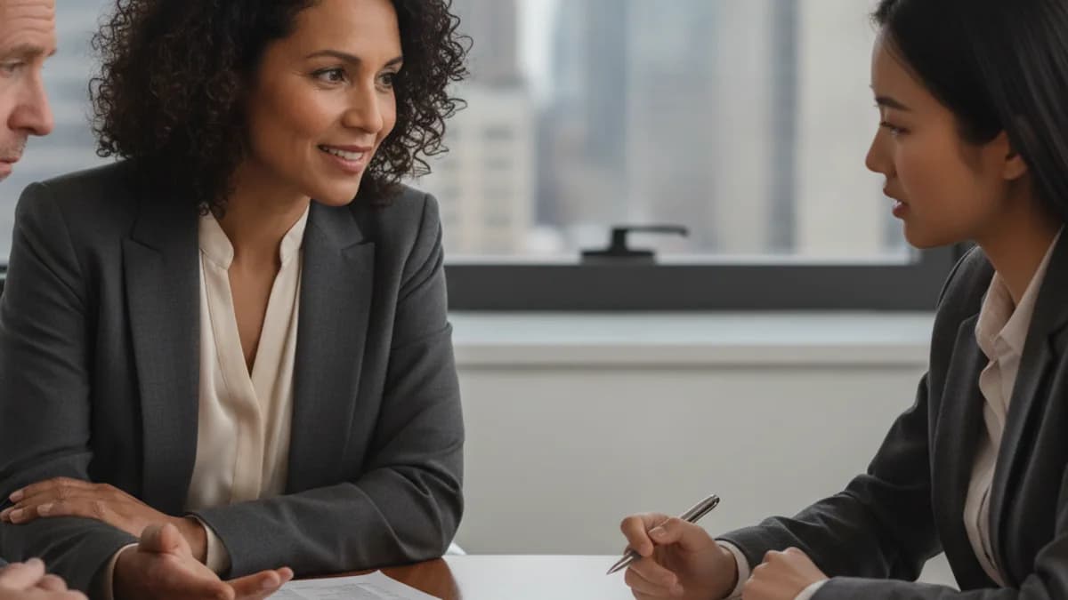 Abogada diversa explica documentos fiscales a un hombre mayor y una mujer joven preocupados en una consulta de oficina moderna.