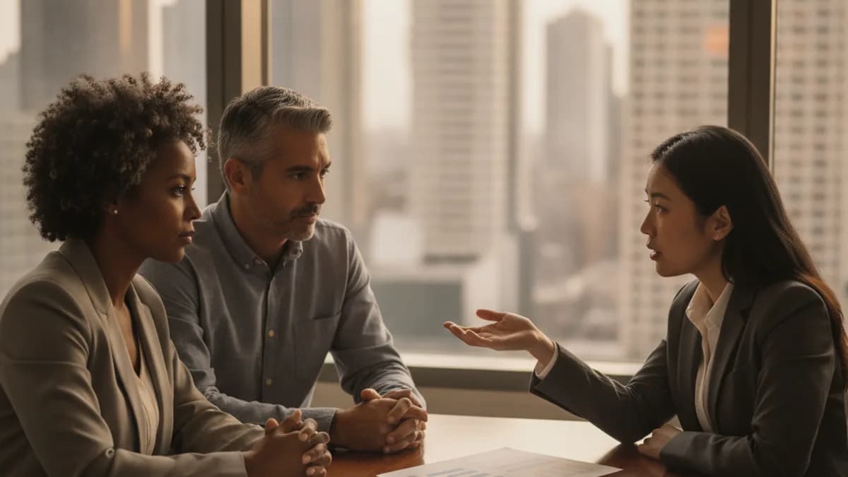 Diverse couple consults with a tax attorney in a modern office about an IRS payment plan.