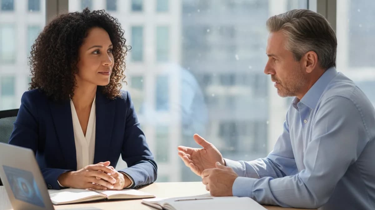 An attorney in a modern office consults with a concerned client about tax issues.