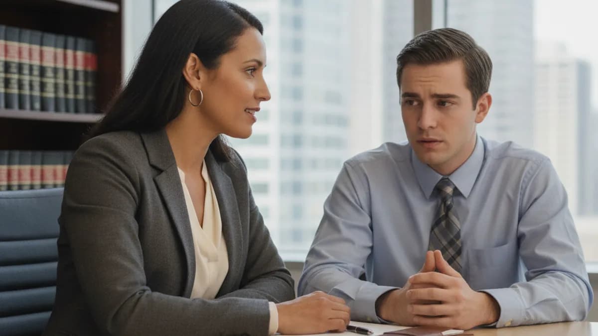 Attorney listens to client in modern office, discussing legal options for a security deposit dispute.