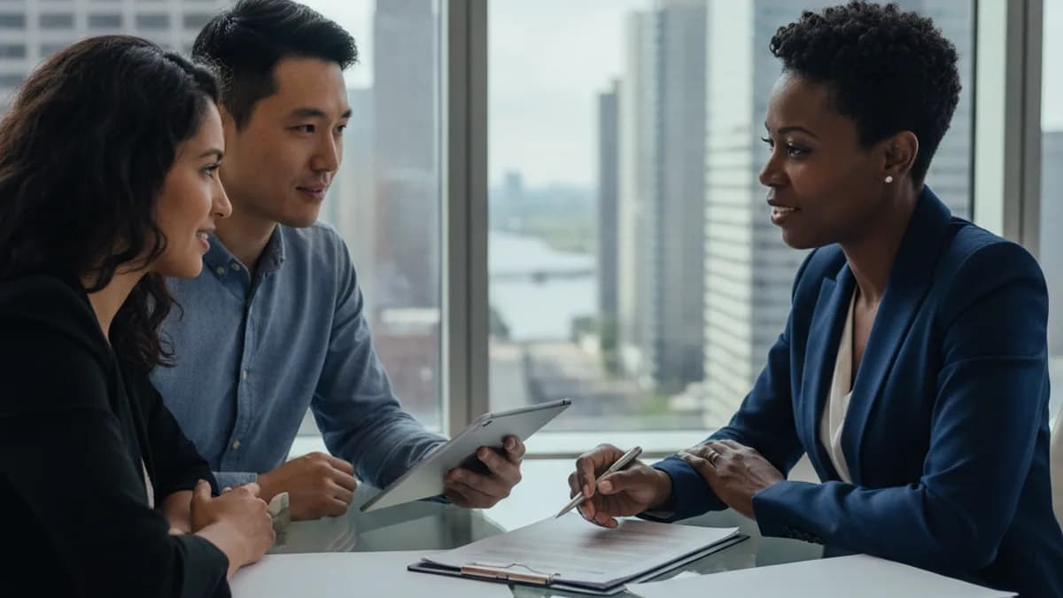 Attorney explains LLC operating agreement details to a diverse couple in a modern office, pointing to documents.