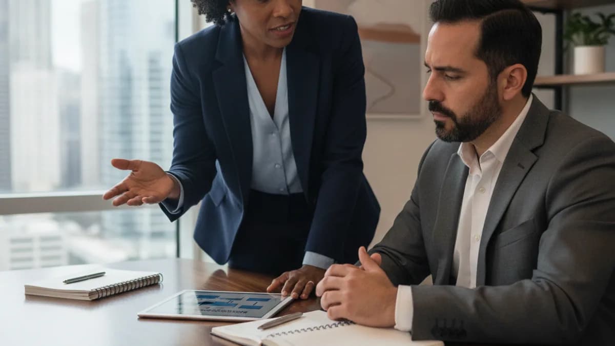 Attorney explains business structures to a client in a modern office, reviewing options like LLCs and Corporations.