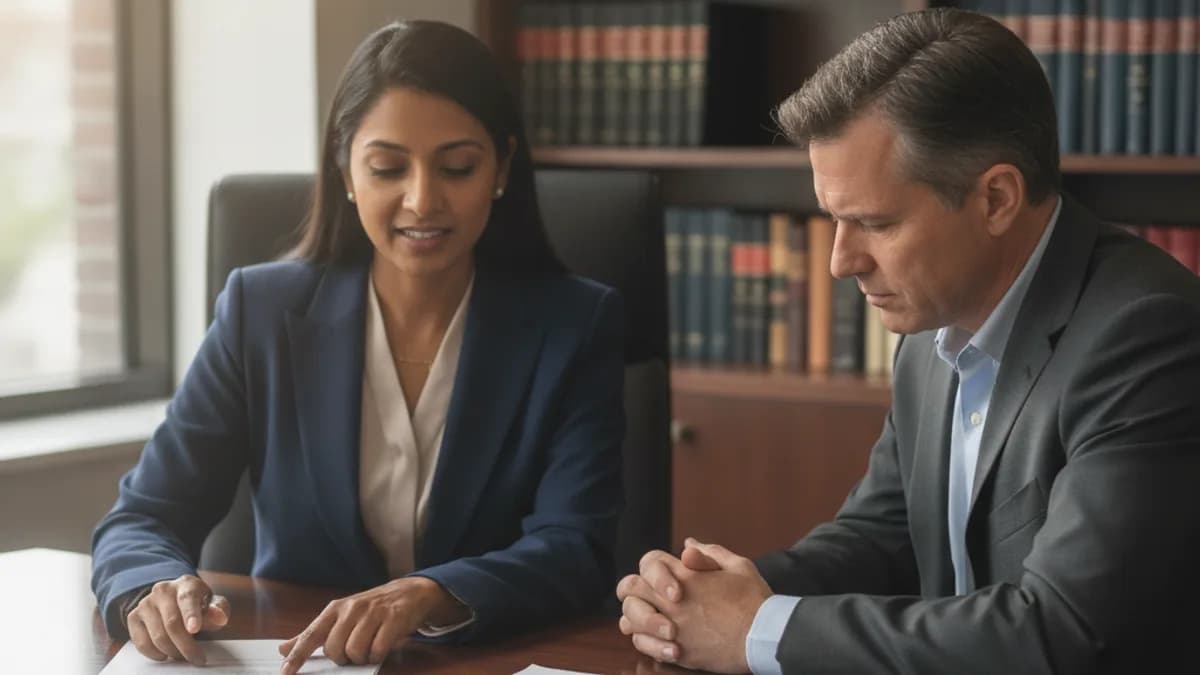 An attorney explains legal documents to a client in a modern office, discussing their rights and options in a professional setting.