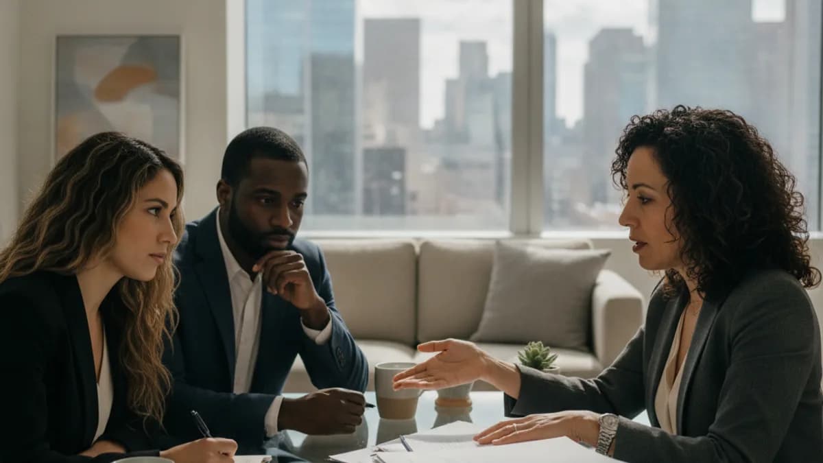 Attorney explains property deed options to a thoughtful couple in a modern, sunlit office.