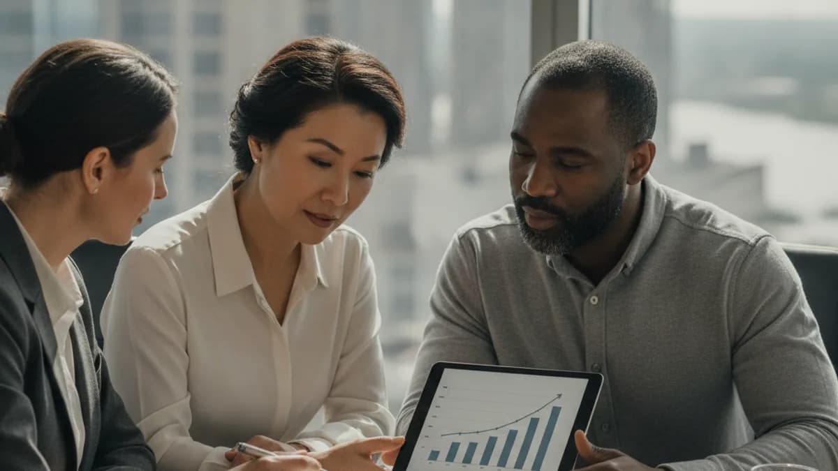 A diverse couple consults with a financial advisor in a modern office, discussing business tax strategies.