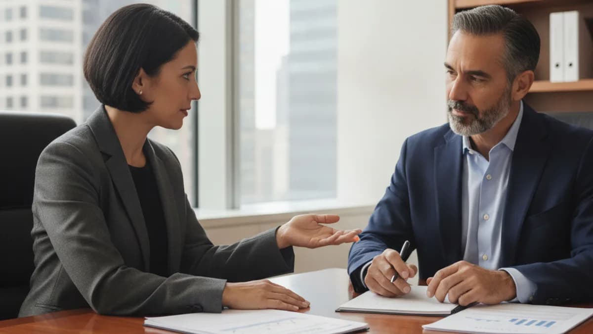 A female attorney explains documents to a male client in a modern law office, offering reassurance.