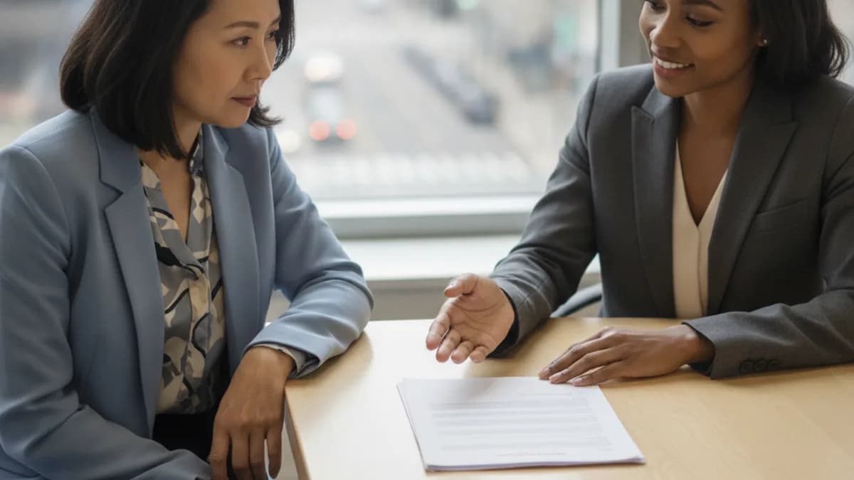 An attorney explains documents to a client in a modern, sunlit office, discussing Social Security Disability back pay.