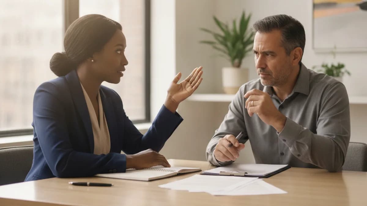 A diverse attorney and client in a modern office, discussing Social Security disability denial documents with empathy.