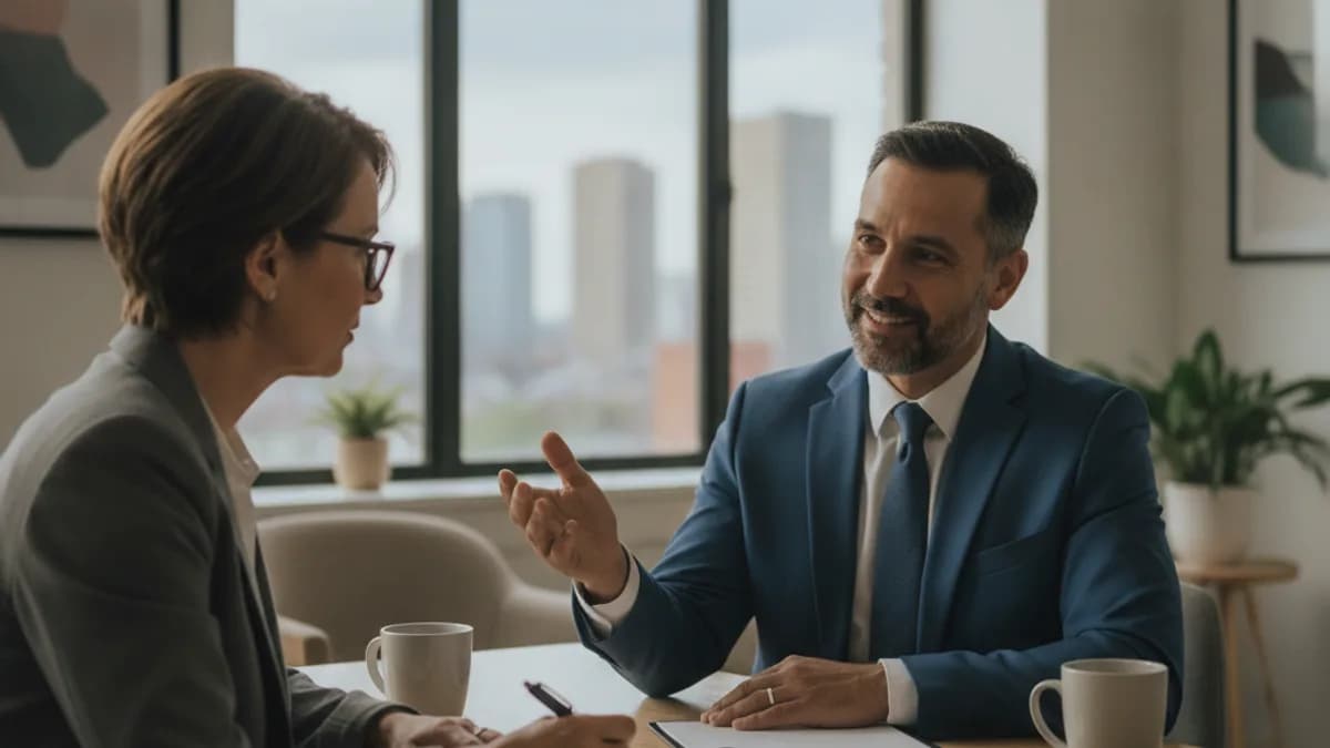 A diverse attorney explains legal information to a client in a modern office, fostering a sense of understanding.